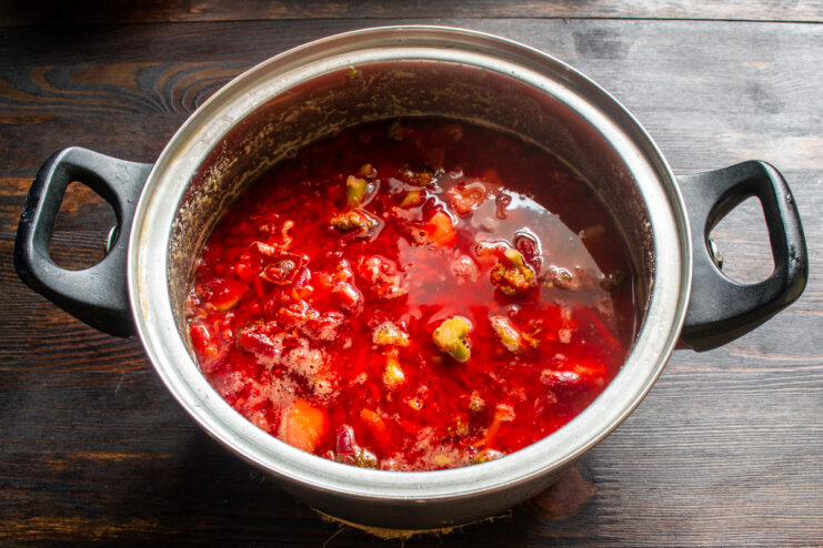 The final cooking stage Finished broccoli borscht steeping in a cooking pot
