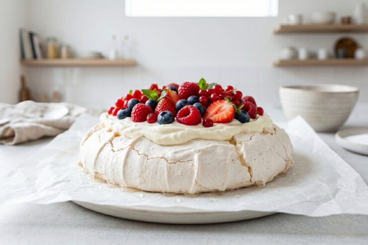 Pavlova dessert topped with fresh berries and whipped cream Baked Pavlova dessert beautifully garnished with whipped cream and fresh wild berries.