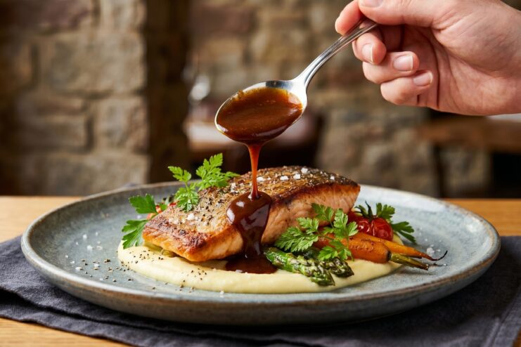 Sauce as the final touch Thick dark sauce slowly dripping from a spoon onto a fish fillet with vegetables