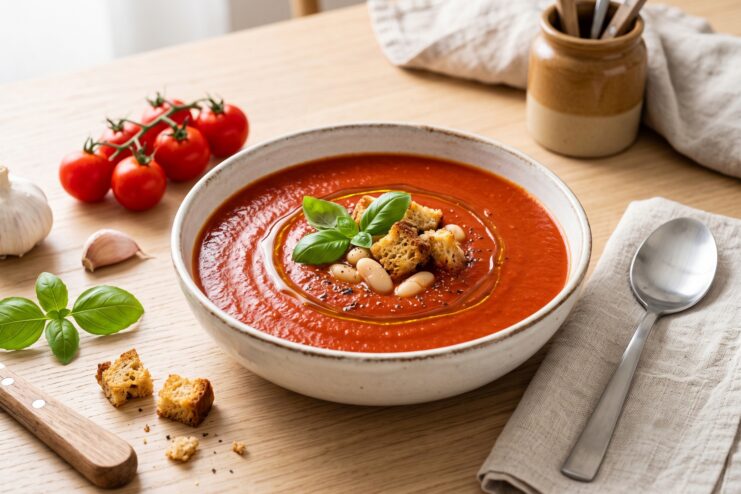 Spiced Tomato Soup With Croutons and Basil Thick tomato puree soup topped with croutons, fresh basil, and olive oil in a white bowl.