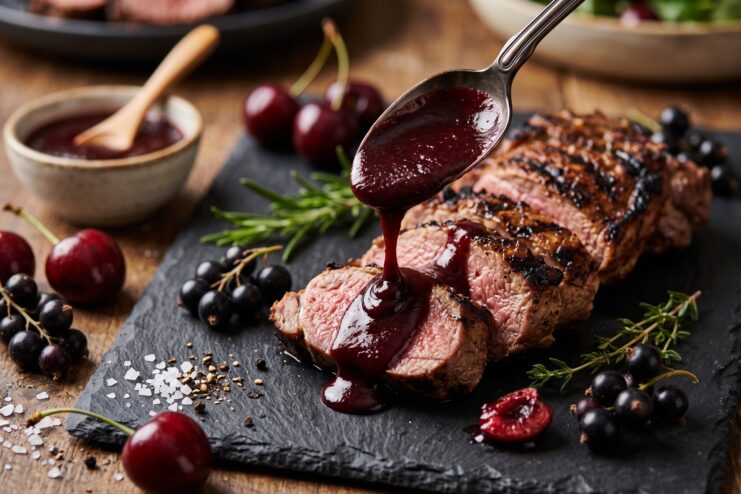 Thick cherry sauce being spooned over juicy pieces of roasted meat on a dark stone board.