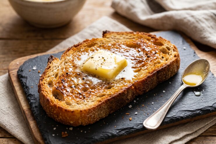 Toast with butter Crispy artisan bread toast with a melting piece of butter on a stone board