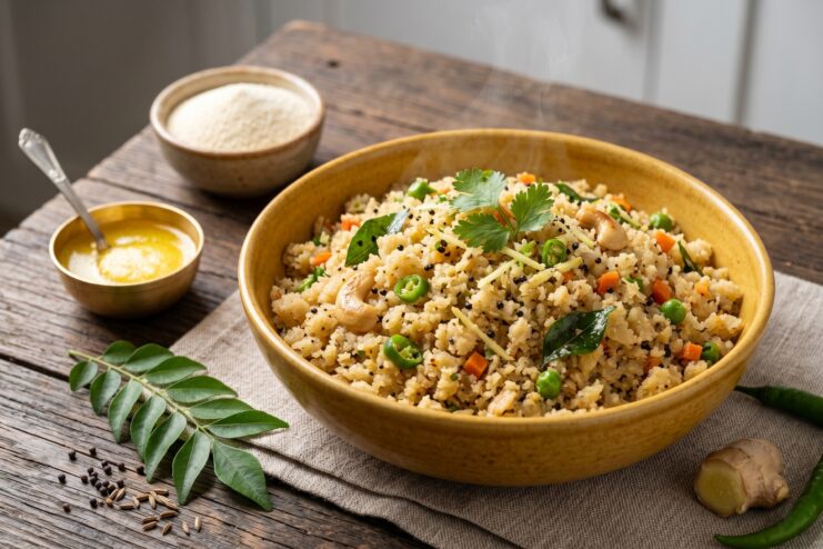 Spicy Indian Breakfast Upma Indian upma dish prepared from suji grain mixed with fresh vegetables and warm spices