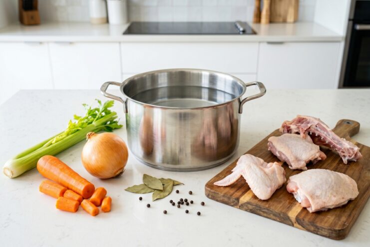 Raw poultry parts arranged with fresh carrots, onions, celery stalks, and spices on a prep surface