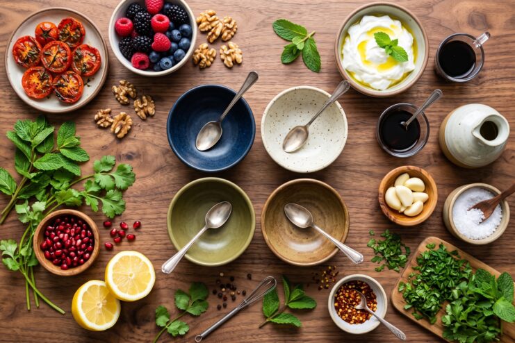 Fresh herbs, lemons, garlic, berries, yogurt, and spices arranged on a rustic wooden table.