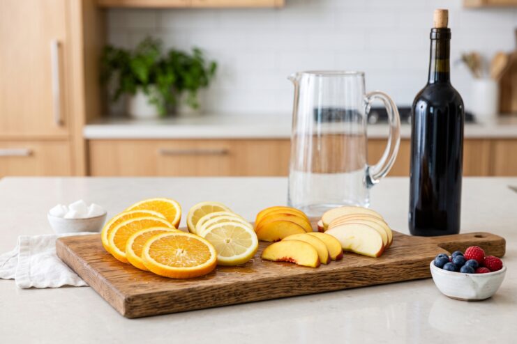 Sangria ingredients including citrus and apples on a cutting board