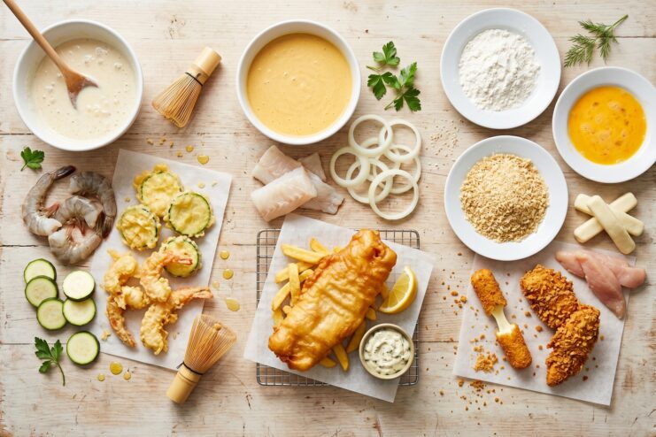 Choosing Coatings for Seafood and Vegetables Fried appetizers and raw ingredients arranged to show different deep-frying techniques