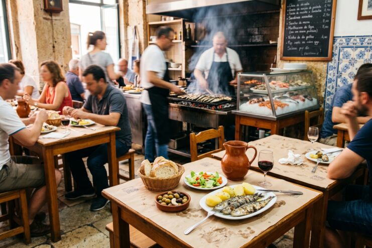 Interior of a bustling traditional Portuguese tavern with guests and a visible charcoal grill