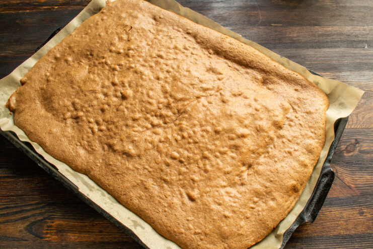 Baked Chocolate Sponge Thin baked chocolate sponge cake on a baking sheet