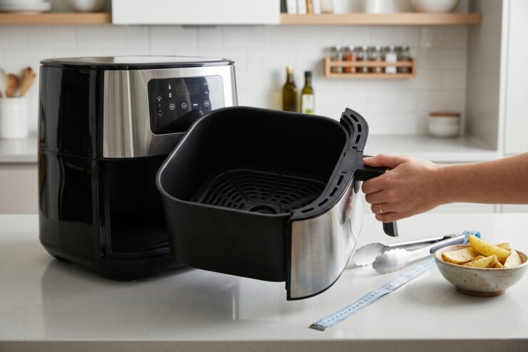 Measuring the volume of an air fryer basket using a tape measure