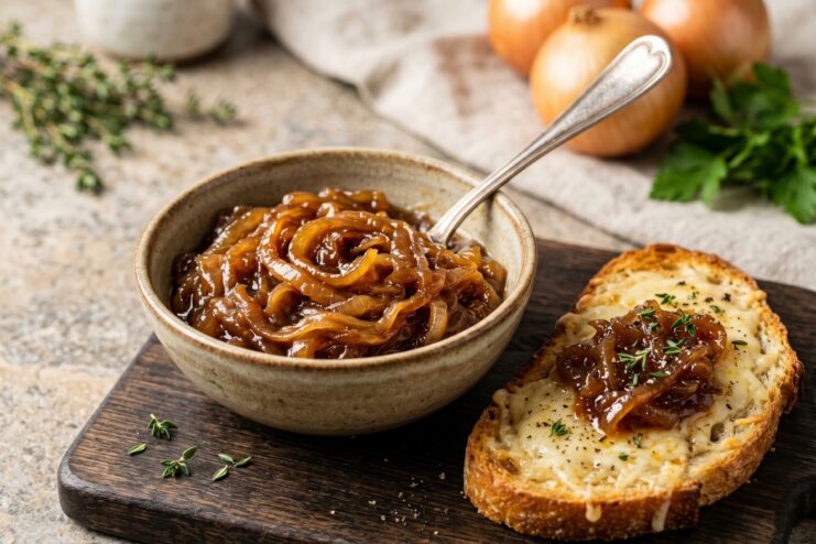 Serving Caramelized Onions Caramelized onions in a bowl and on toast with melted cheese