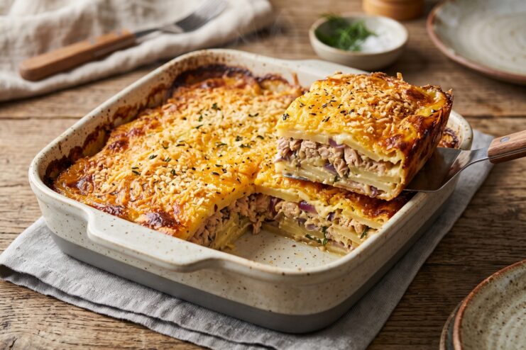 Potato and fish casserole baked with a golden cheese crust in a baking dish