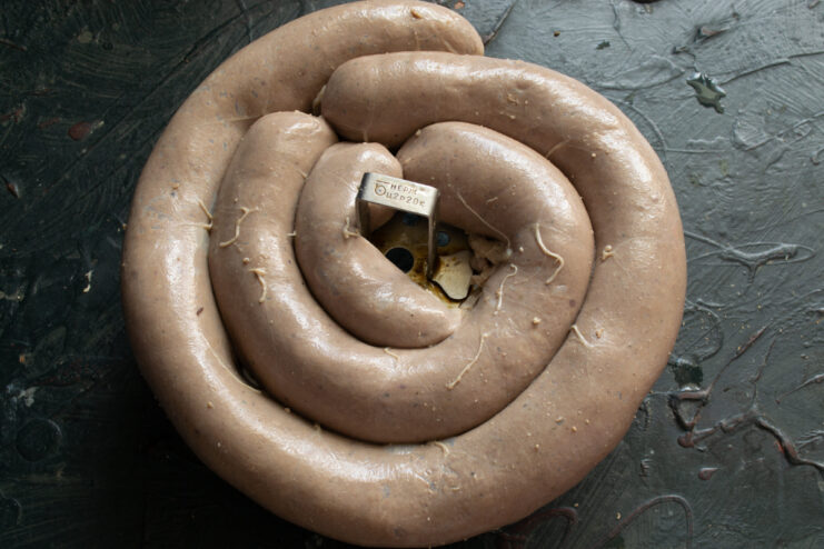 Steaming The Sausage Raw sausage ring resting on a lightly oiled steamer rack