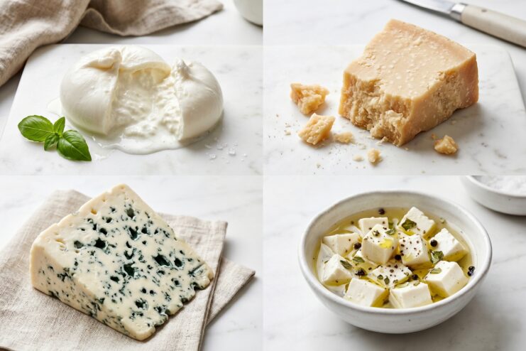 Main Types Of Cheese Collage displaying four distinct cheeses: fresh Mozzarella, aged Parmesan, blue Roquefort, and crumbly Feta.