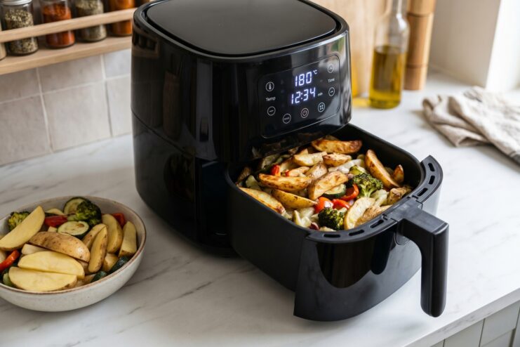 An air fryer basket filled with a single layer of vegetables and potatoes