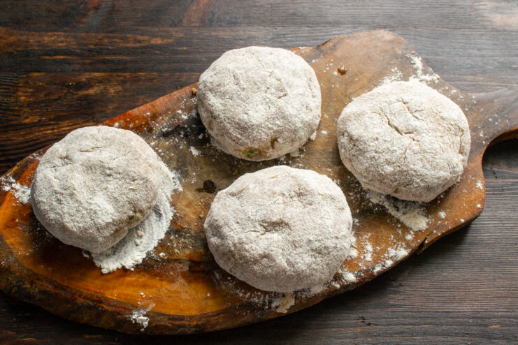 Breading in flour Chicken patties coated in wheat flour