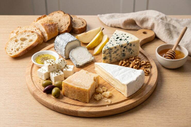 Ideal Cheese Board Beautifully arranged cheese board featuring various cheeses, honey, nuts, and fresh fruits.