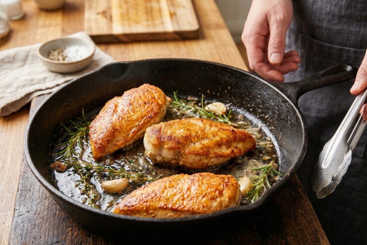 Secret to a perfect sear Chicken fillet searing in a cast-iron skillet with rosemary and garlic
