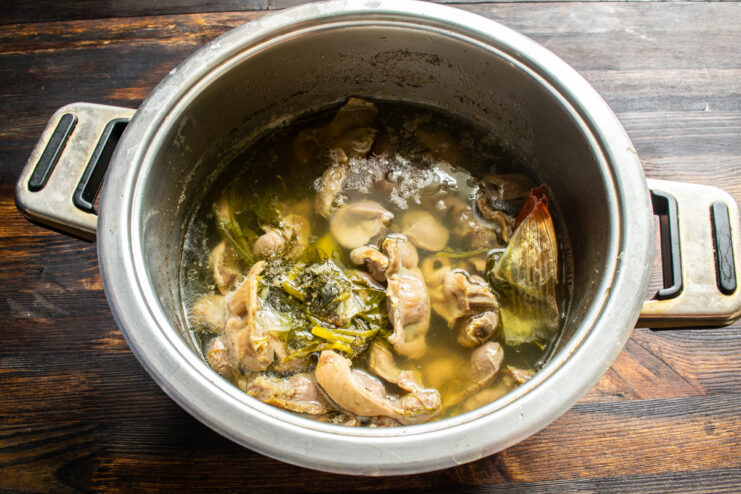 Simmering the gizzards Chicken gizzards simmering in a seasoned broth with fresh herbs