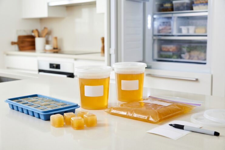 Plastic containers, a zip-top bag, and an ice cube tray holding prepared stock ready for freezer storage