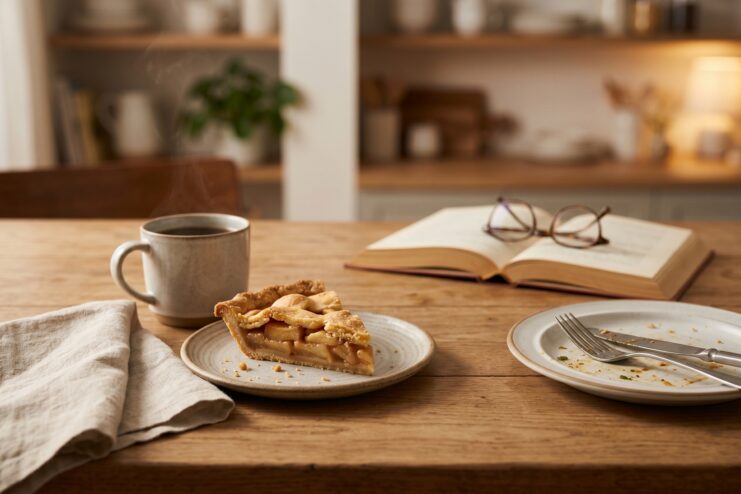A slice of apple pie, a cup of coffee, and an open book resting on a wooden table.