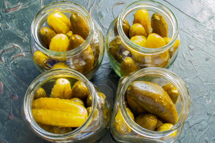 Fermented cucumbers packed loosely into clean glass jars