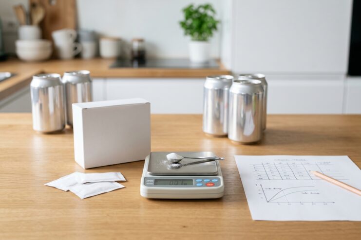Safety Research of Sweeteners Laboratory scale and food additive safety calculations placed on a desk.
