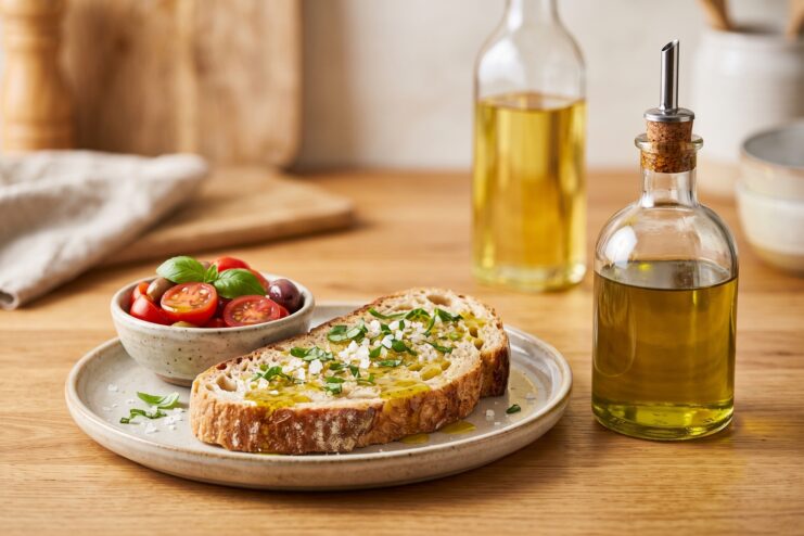 Slices of artisan bread drizzled with olive oil, topped with herbs and flaked salt, plated next to fresh cherry tomatoes.