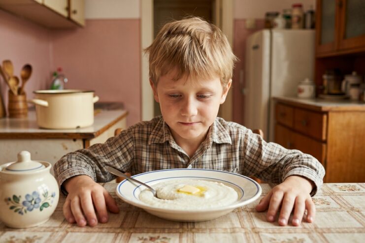 Traditional Soviet Manna Porridge With Butter Young boy sitting in a Soviet-style interior looking at a bowl of manna porridge