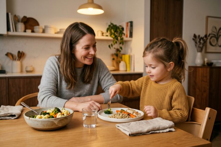 Child Calmly Eating Vegetables At The Table Mother smiling at her daughter eating broccoli with a fork