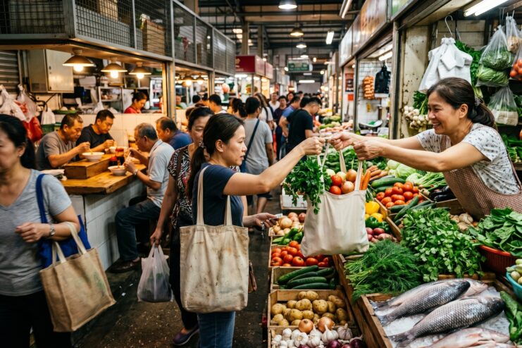 Working Farmers Market for Locals Locals picking fresh vegetables and greens at an Asian market