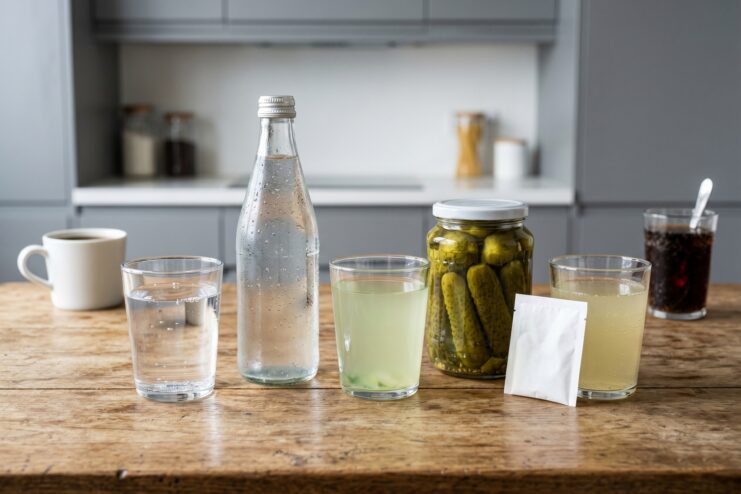 Mineral water, fermented brine, and pharmacy electrolyte solutions placed on a table.