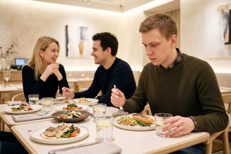 Social anxiety and the fear of eating in public at a cafe A young man experiences anxiety at a restaurant table while a couple converses in the background.