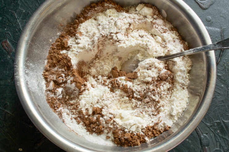 Dry ingredients All-purpose flour and cocoa powder in a bowl ready to be mixed