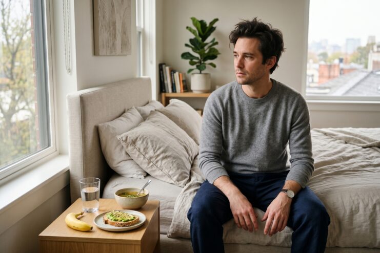 A man sitting on a bed next to a light breakfast and a glass of water.