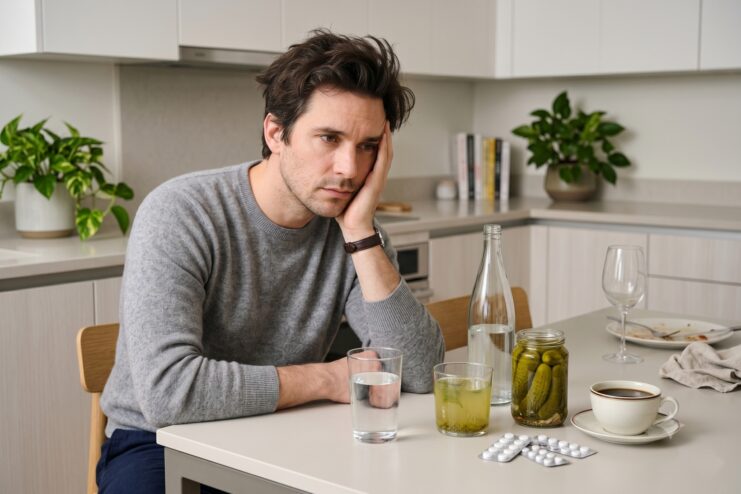 A man experiencing a hangover at a table with water, fermented brine, and coffee.