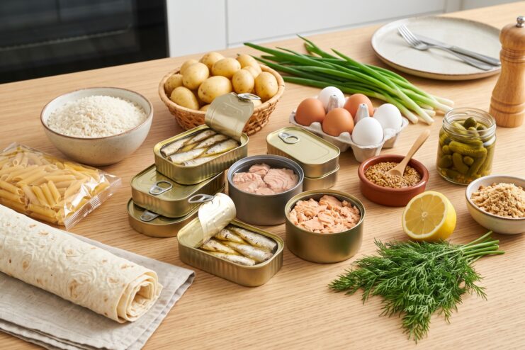 Basic grocery items including canned goods, potatoes, eggs, herbs, pasta, and flatbread on a table