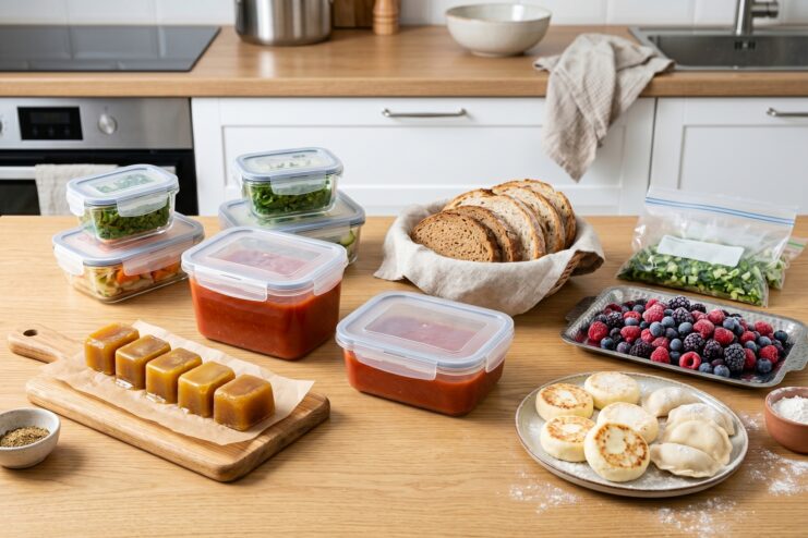 Best Foods for Home Freezing Collection of frozen ingredients including broth cubes, sauces, berries, cottage cheese pancakes, and herbs on a counter.