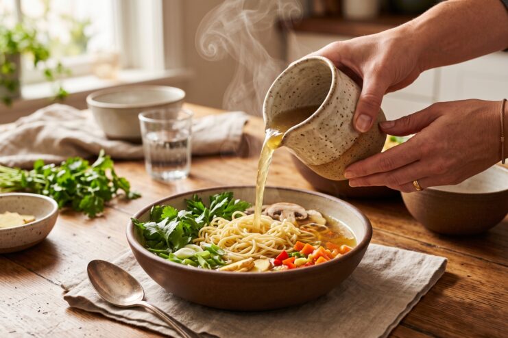 Pouring hot broth from a pitcher into a bowl of noodles and vegetables