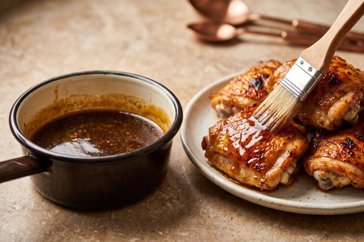 Using a silicone culinary brush to apply a thick glossy glaze onto freshly roasted chicken thighs