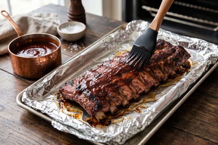 Glazing Ribs In The Oven Brushing dark glaze onto a rack of pork ribs with a silicone basting brush