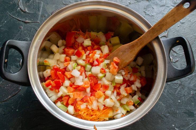Vegetable Medley for the Soup Diced zucchini and tomatoes added to the vegetable mixture