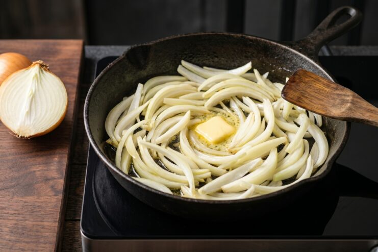 Preparing Onions for Simmering Sliced onions with butter in a skillet