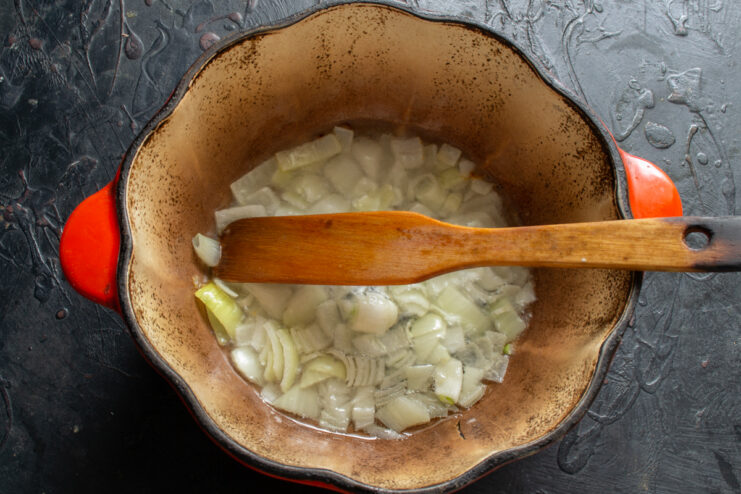 Sautéing the onions Chopped onions sautéing in oil in a Dutch oven
