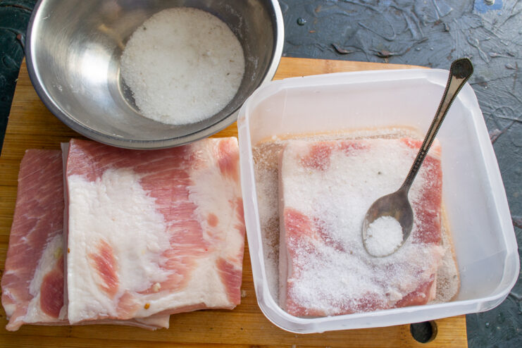 Salting in a container Rubbing pork fat pieces with salt and arranging them inside a plastic container