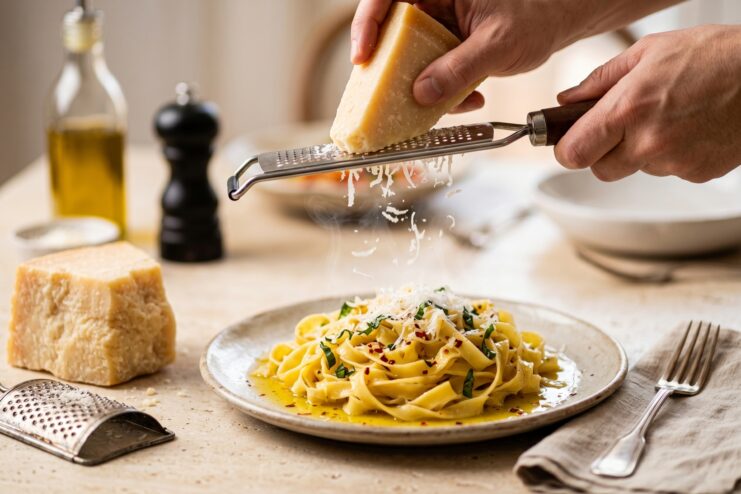 Parmesan For Pasta Grating hard Parmesan cheese over a plate of freshly cooked pasta.