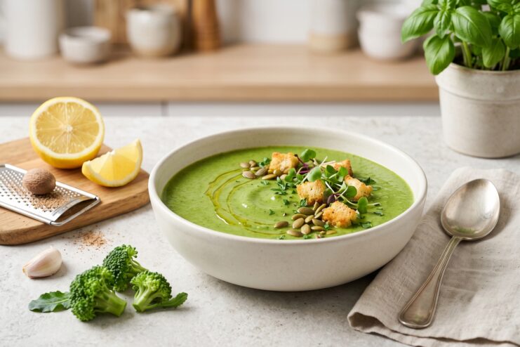 Healthy Green Broccoli Cream Soup Delicate broccoli cream soup garnished with croutons and pumpkin seeds in a deep white bowl.
