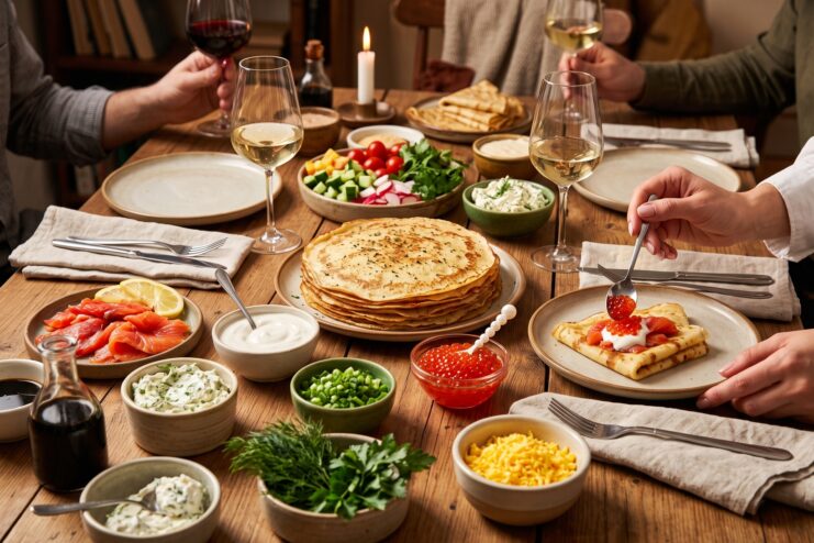 Dining table set with fresh crepes and various toppings in small bowls