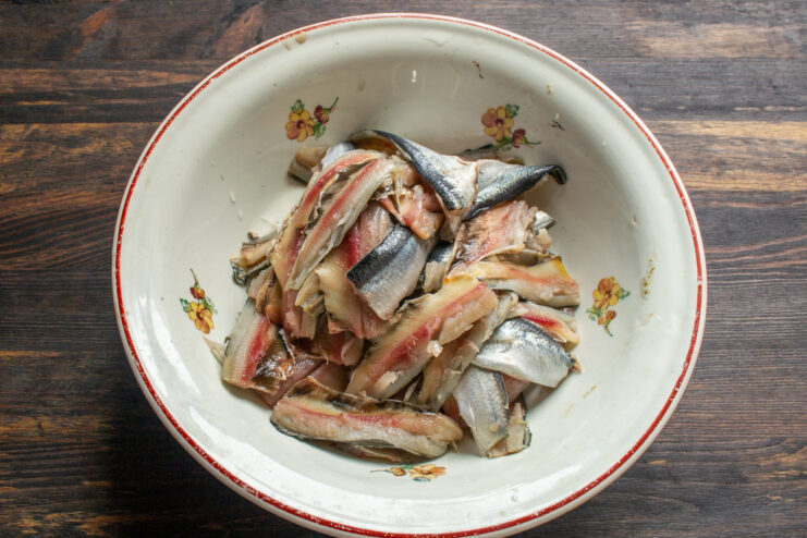Filleting the Baltic herring Cleaned Baltic herring fillets in a bowl