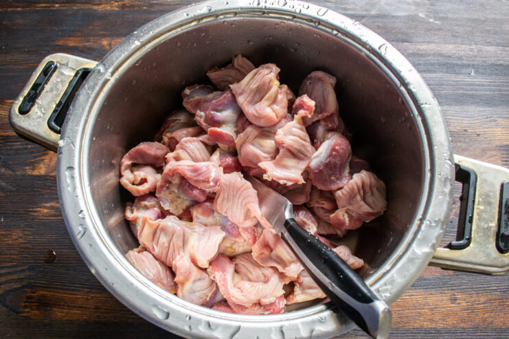 Prepping chicken gizzards Cleaned raw chicken gizzards in a stainless steel pot